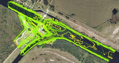 A map of the course with green lines and yellow dots.