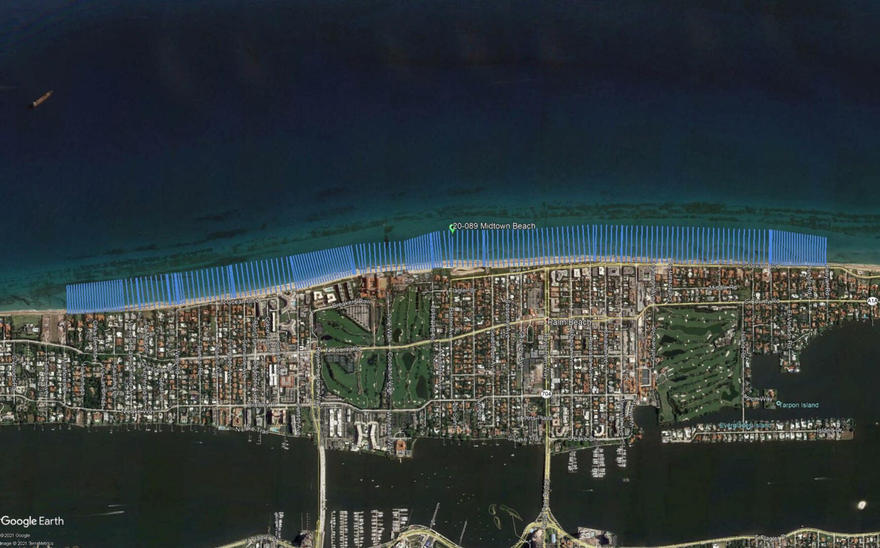 A satellite image of the city and beach.